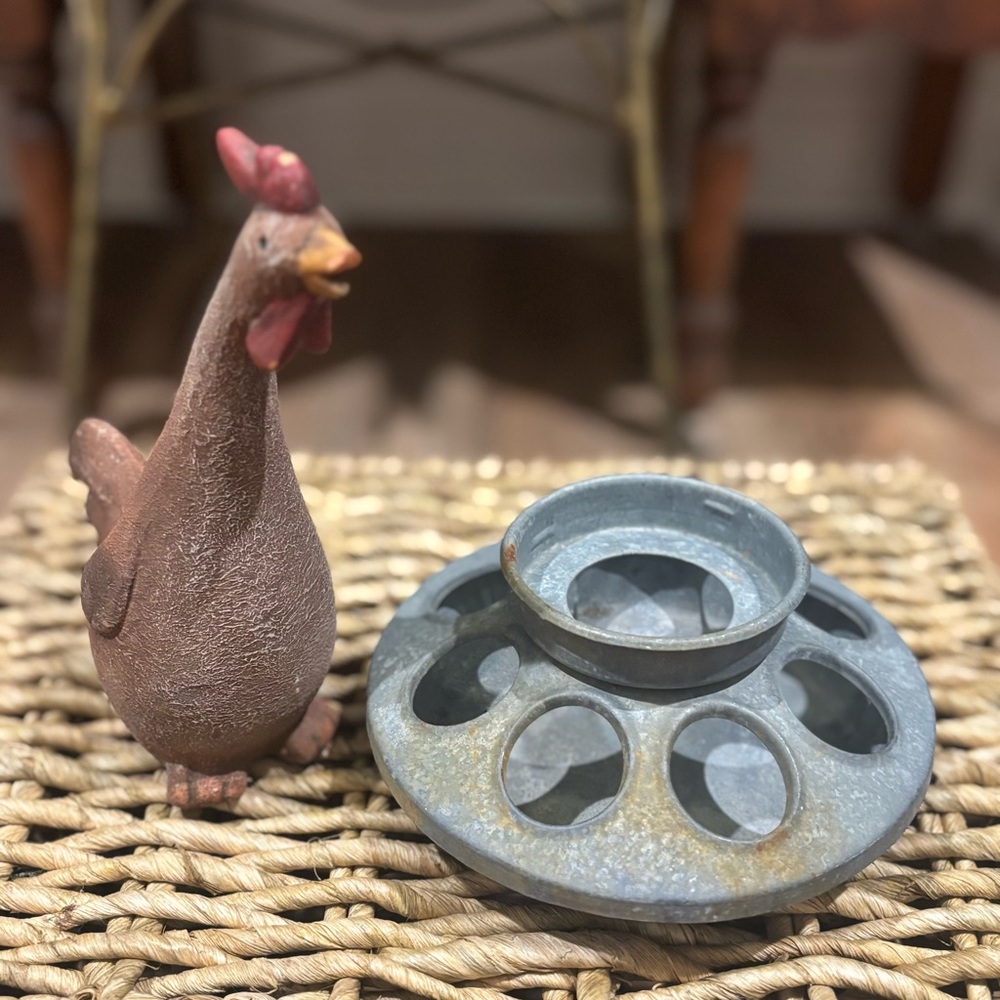Rustic Brown Chicken Figurine with Gray Metal Chicken Feeder Bundle